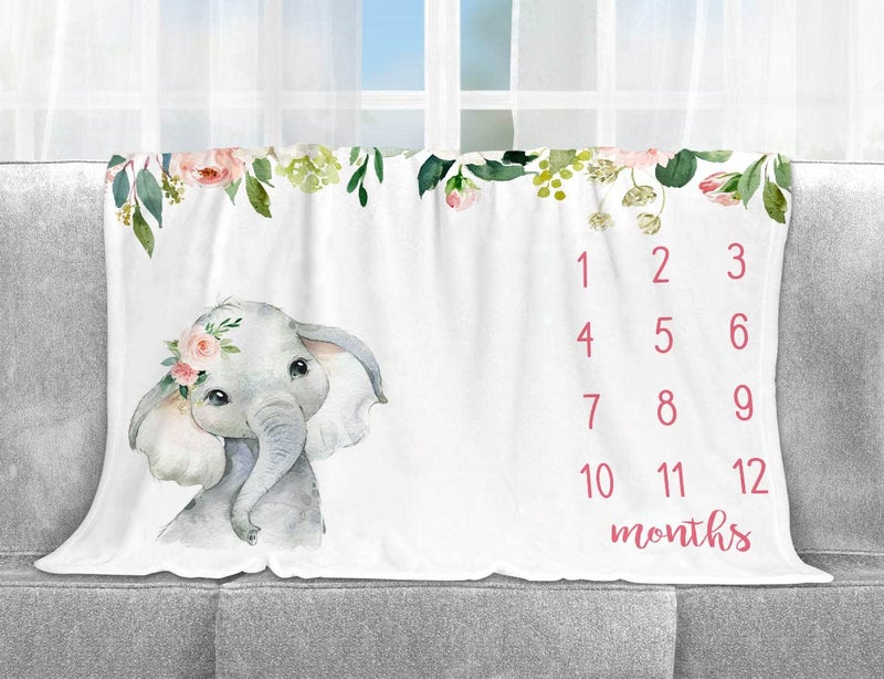 Popfavors Floral Elephant Baby Monthly Milestone Blanket, Jungle Elephant Girl's Soft Fleece Monthly Milestone Blanket, Girl Elephant Nursery Infant Newborn, Includes Marker (White, 50"x40") - Image 2
